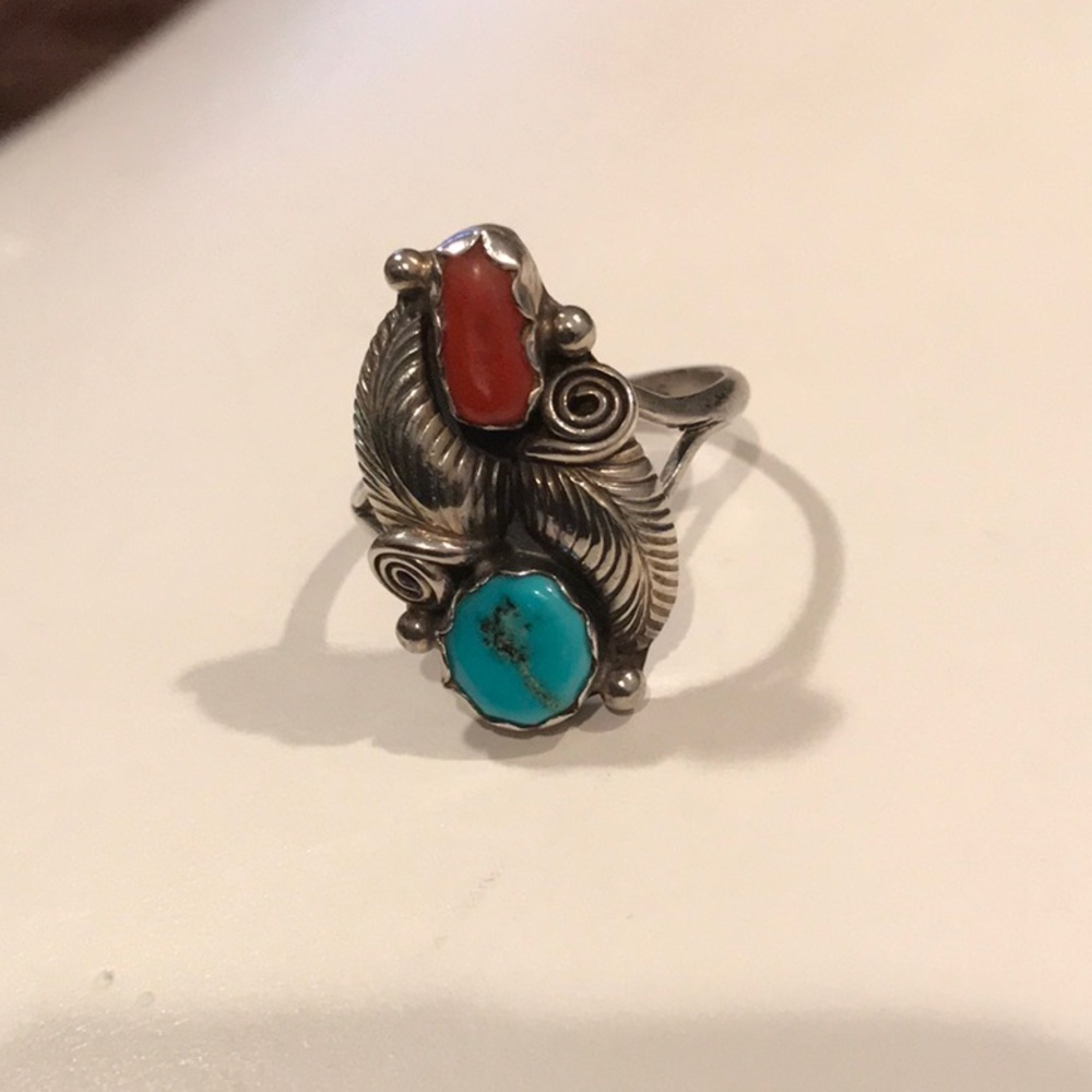 Vintage Turquoise & Coral, Sterling Silver ring